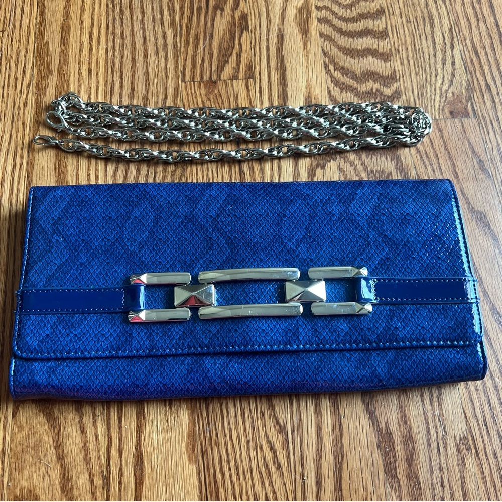 WHBM Large Snakeskin Convertible Shoulder/Crossbody/Clutch, Blue/Silver